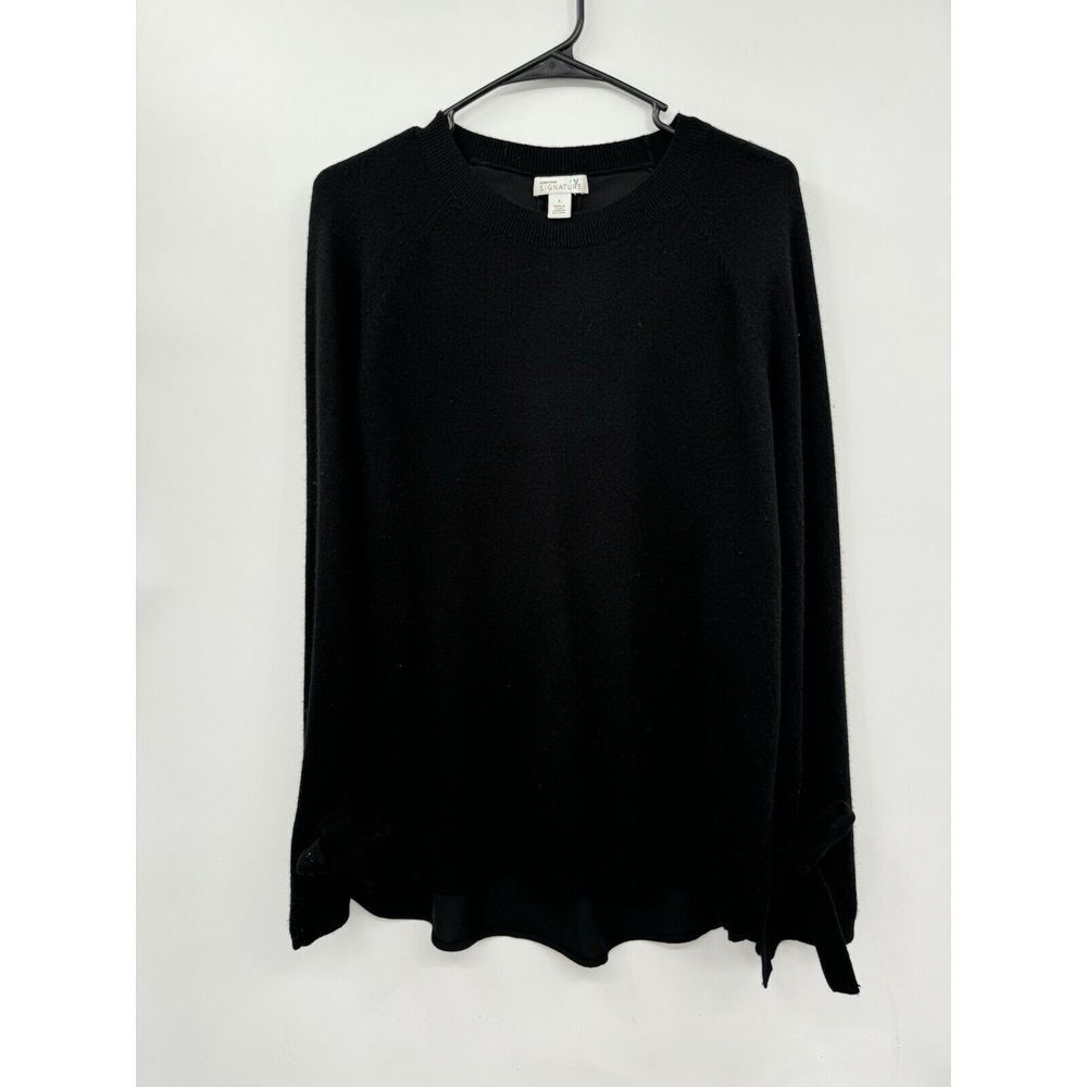 Nordstrom Signature S Cashmere Silk Mixed Media Sweater Womens Black Tie Cuff